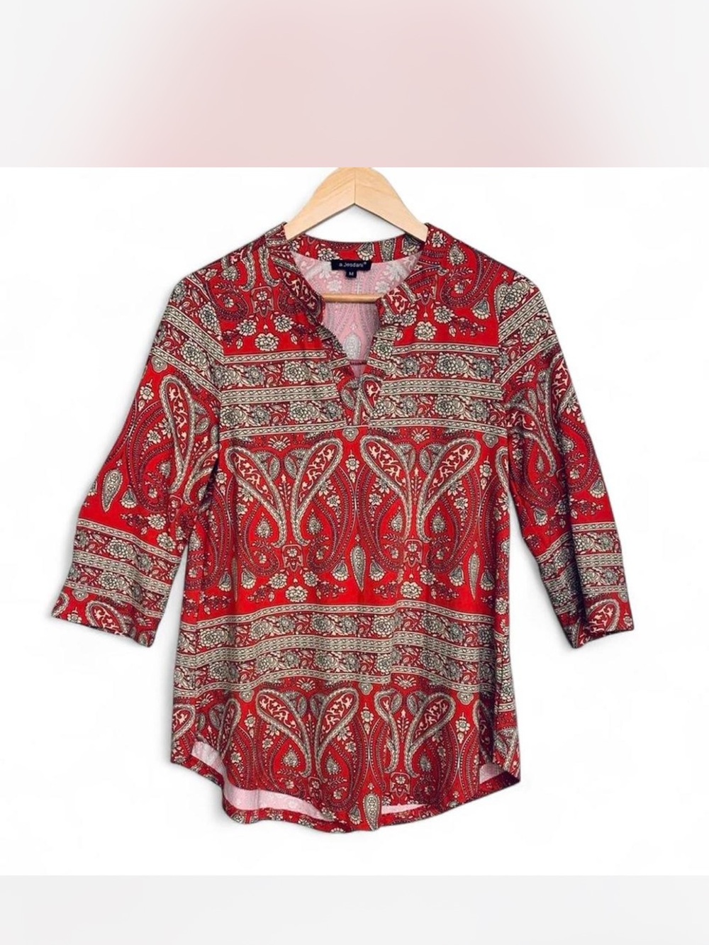 Boho Hippie Paisley Split-Neck Women's Blouse in Red size L